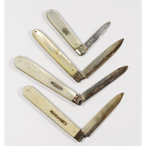 13 - Four Victorian and later silver and mother of pearl fruit knives