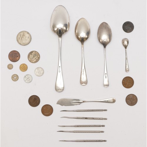 22 - A silver dessert spoon. Sheffield 1933, another spoon and butter knife, 108gm various coins and othe... 