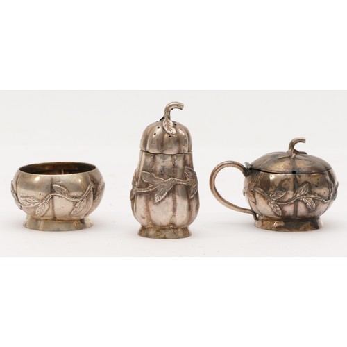 23 - A Chinese silver three piece cruet set, bearing character marks, of melon form, 66gm