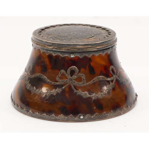 28 - A silver and tortoiseshell inkwell, probably Birmingham 1905, lacking liner and some pique missing, ... 