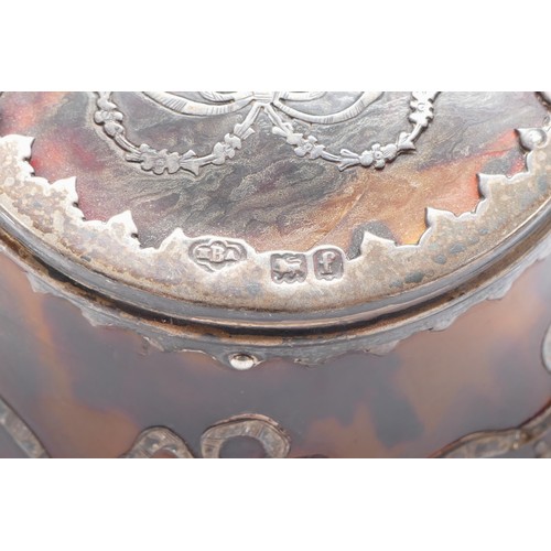 28 - A silver and tortoiseshell inkwell, probably Birmingham 1905, lacking liner and some pique missing, ... 