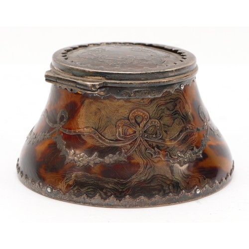 28 - A silver and tortoiseshell inkwell, probably Birmingham 1905, lacking liner and some pique missing, ... 