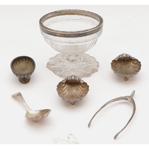 32 - A George III lead glass silver mounted open salt, glass damaged, height 8.5cm, a Britannia standard ... 