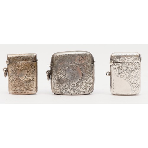 36 - Three Edwardian and later silver vesta cases, Birmingham 1903, 1905 and unmarked, 78gm