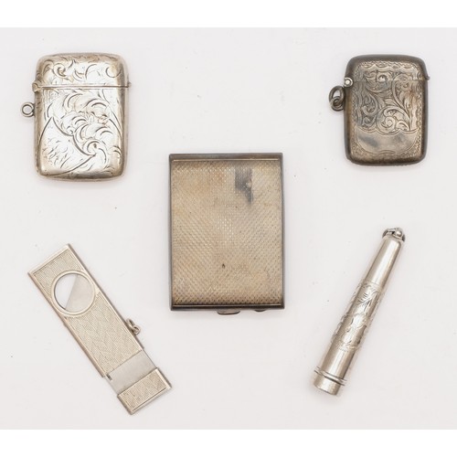 39 - Two silver vesta cases, Birmingham 1900 and 1921, a silver book match case, a silver cheroot holder ... 