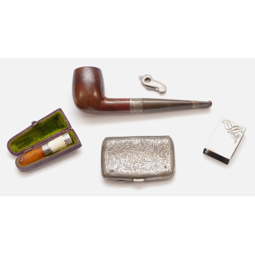 45 - A silver cheroot case, Birmingham 1906, a silver mounted pipe and other tobacco related items