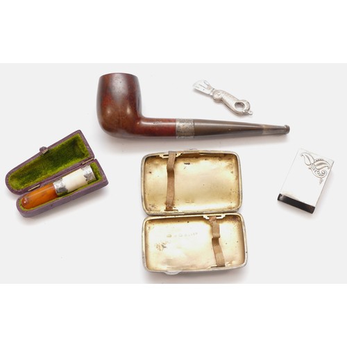 45 - A silver cheroot case, Birmingham 1906, a silver mounted pipe and other tobacco related items