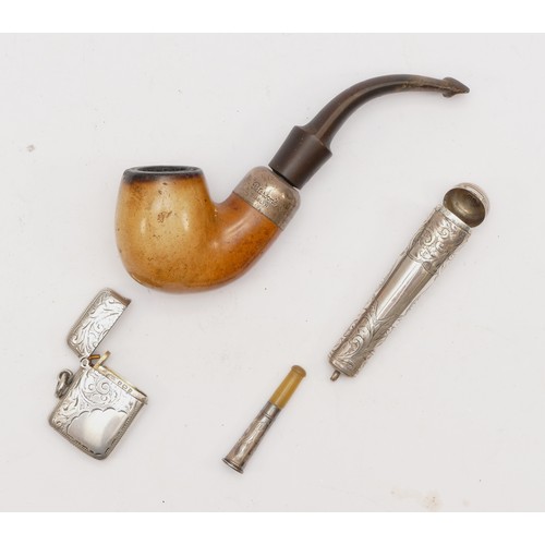 48 - An Edwardian silver vesta case, Birmingham 1903, a silver cheroot holder, a Petersons, Dublin silver... 