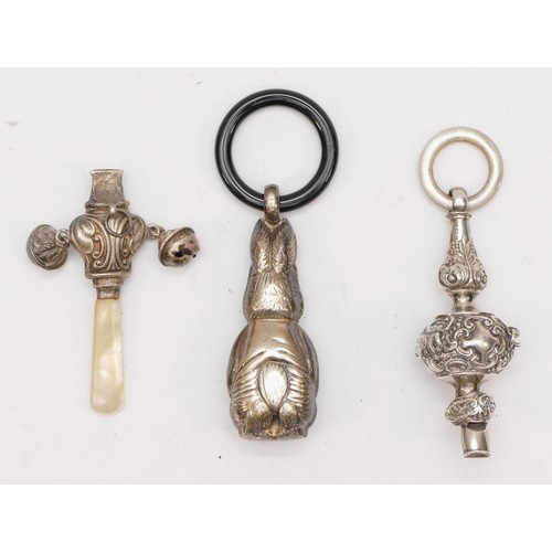 62 - An Edwardian silver and mother of pearl rattle Birmingham 1905, lacking bells, another Birmingham 19... 