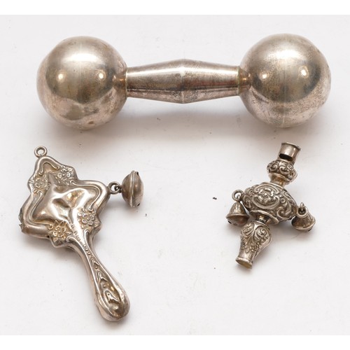 65 - A silver rattle, Birmingham 1907, lacking handle, another 1917 and a 925 silver dumbbell rattle