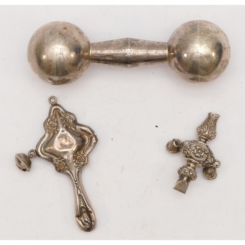 65 - A silver rattle, Birmingham 1907, lacking handle, another 1917 and a 925 silver dumbbell rattle