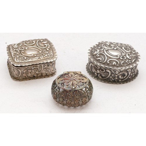 87 - A Victorian silver embossed box, Birmingham 1900, another 1904 and a filigree silver box, 40gm