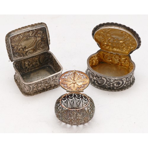 87 - A Victorian silver embossed box, Birmingham 1900, another 1904 and a filigree silver box, 40gm