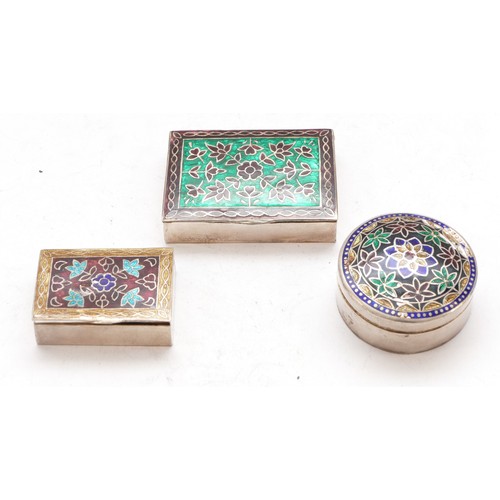 96 - Three unmarked silver and enamel boxes, 72gm