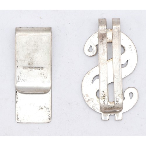 98 - A Mexican silver $ money clip and a silver money clip, 38gm