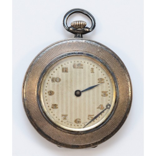 125 - An Art Deco silver keyless wind open face pocket watch, Glasgow import 1929, 15 jewel movement, engi... 