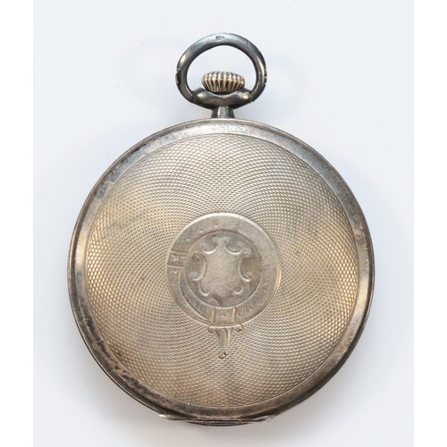 125 - An Art Deco silver keyless wind open face pocket watch, Glasgow import 1929, 15 jewel movement, engi... 