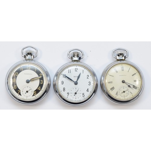 127 - A Smiths chrome open face pocket watch and two Ingersoll examples, all working when catalogued