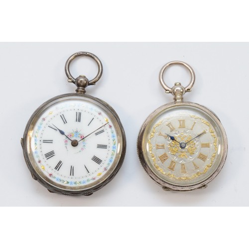 128 - A Swiss 935 standard silver ladies fob watch, 39mm, and a 800 standard example, both working when ca... 