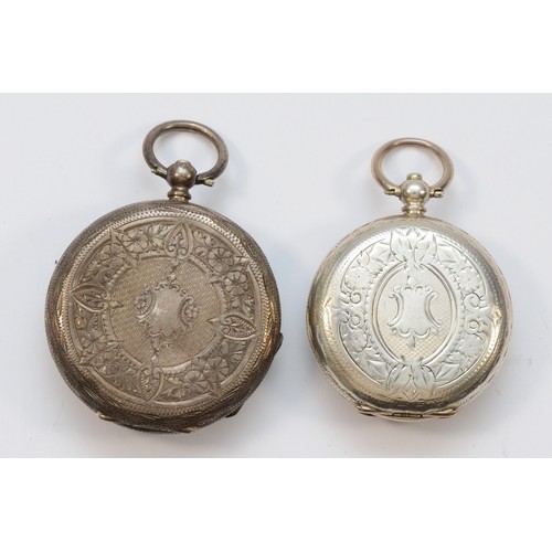 128 - A Swiss 935 standard silver ladies fob watch, 39mm, and a 800 standard example, both working when ca... 