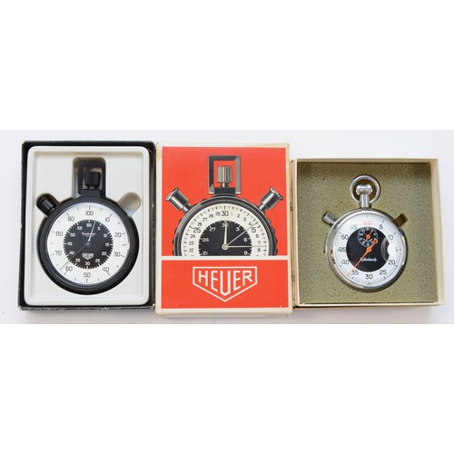 135 - Heuer Trackstar, a 7 jewel single button stop watch, ref 658.91360, original box and Gallenkamp, a c... 