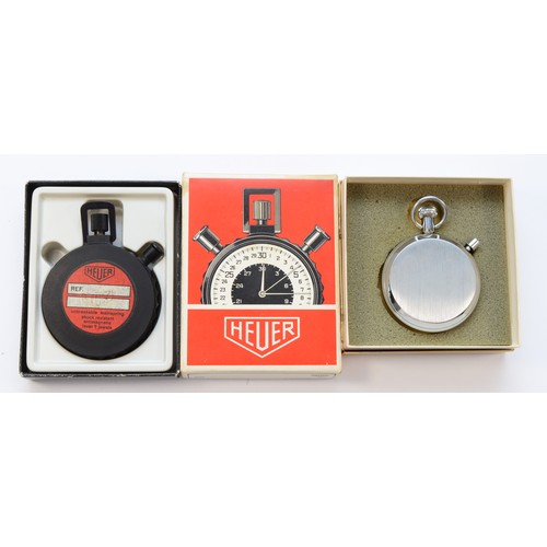 135 - Heuer Trackstar, a 7 jewel single button stop watch, ref 658.91360, original box and Gallenkamp, a c... 