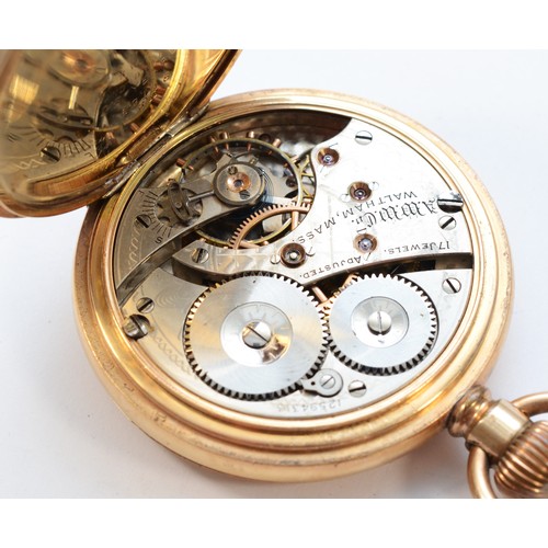 136 - Waltham, a gold plated keyless wind full hunter pocket watch, 17 jewel adjusted movement, numbered 1... 