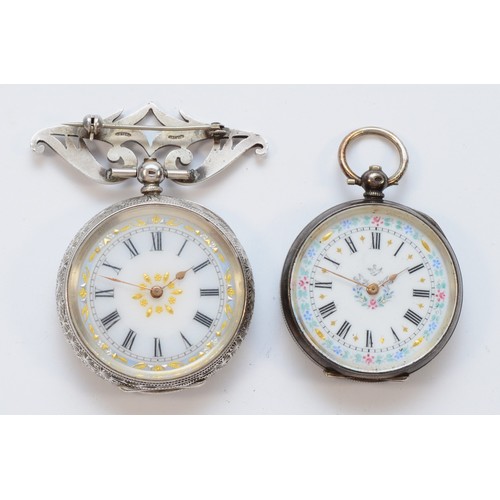 137 - A Swiss silver ladies fob watch with brooch attachment, 40mm, case, working when catalogued and anot... 