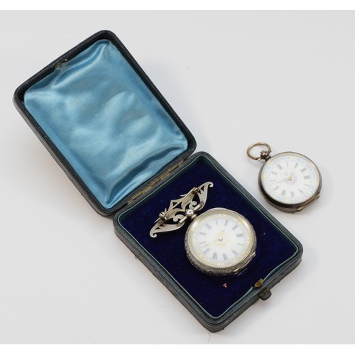 137 - A Swiss silver ladies fob watch with brooch attachment, 40mm, case, working when catalogued and anot... 