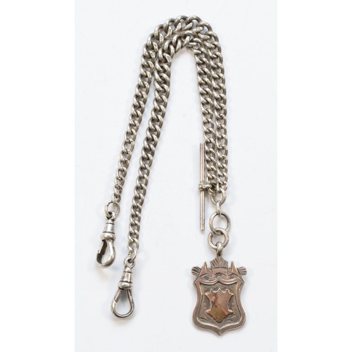 138 - A silver double curb link watch albert, Birmingham 1922, shield fob, 35cm, 30gm