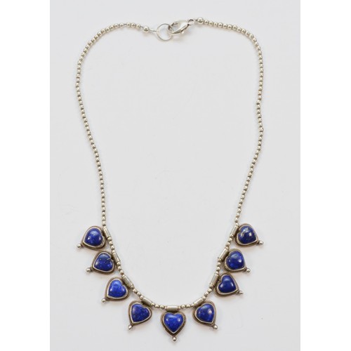 191 - A 925 silver and lapis lazuli heart fringe necklace, 41cm, 35gm