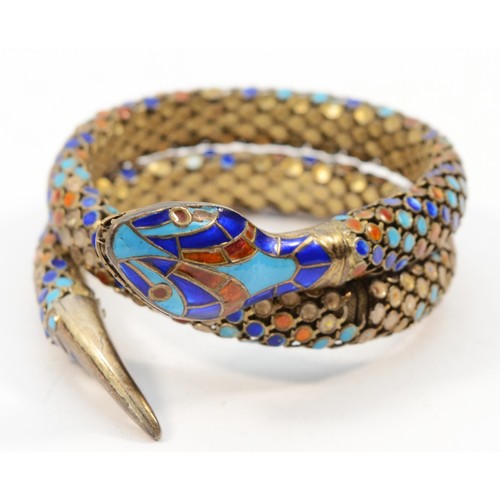 192 - A Chinese 925 silver and enamel coiled snake bracelet, enamel loss and damaged half way around, 27gm