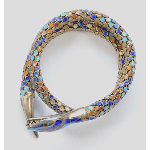 192 - A Chinese 925 silver and enamel coiled snake bracelet, enamel loss and damaged half way around, 27gm