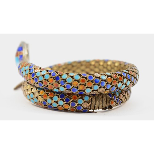 192 - A Chinese 925 silver and enamel coiled snake bracelet, enamel loss and damaged half way around, 27gm