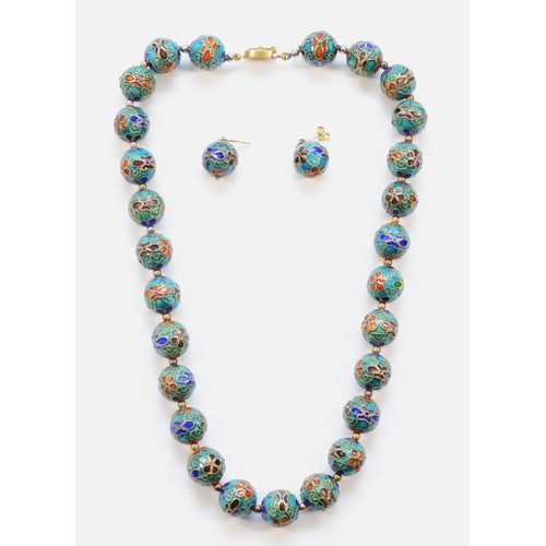 198 - A Chinese silver and enamel 12mm bead necklace, 43cm together with a matching pair of ear rings, 67g... 