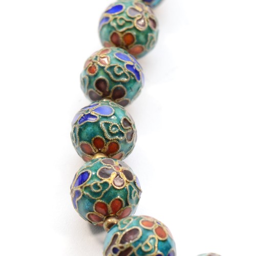 198 - A Chinese silver and enamel 12mm bead necklace, 43cm together with a matching pair of ear rings, 67g... 