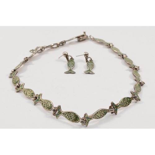 199 - Alba, Mexico, a 925 silver and enamel fish necklace, 45cm together with a matching pair of ear penda... 