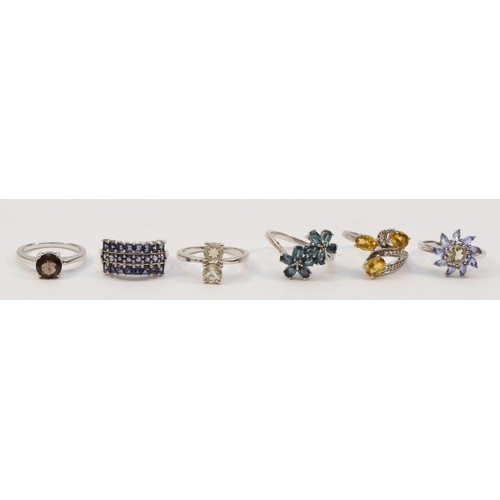 200 - Six silver and gemset rings, including tanzanite and citrine, 21gm