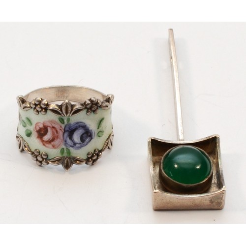 205 - A. Dragsted, a Danish silver and floral enamel ring, R, and Modernist silver and stained green chalc... 