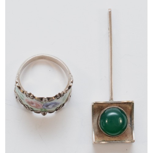 205 - A. Dragsted, a Danish silver and floral enamel ring, R, and Modernist silver and stained green chalc... 