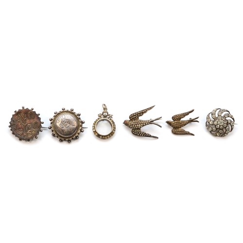 206 - A Victorian silver forget me not and horseshoe brooch, Chester 1888 and other unmarked antique silve... 