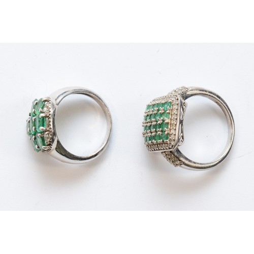 208 - A rectangular 925 silver emerald and white stone cluster ring, 17 x 15mm, R 1/2 and another 925 silv... 