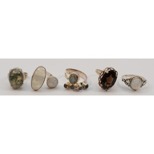 210 - A silver and moss agate ring, L and four 925 silver and gemstone set rings, 30gm