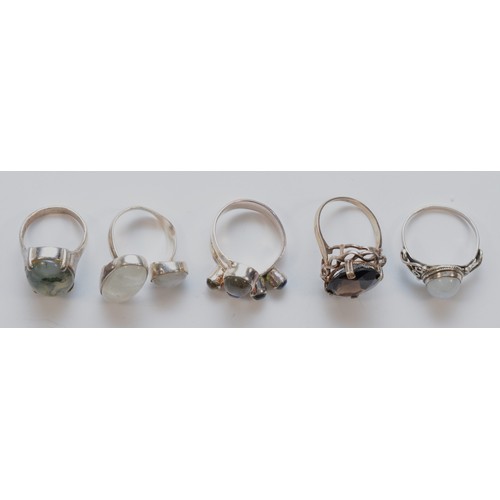 210 - A silver and moss agate ring, L and four 925 silver and gemstone set rings, 30gm