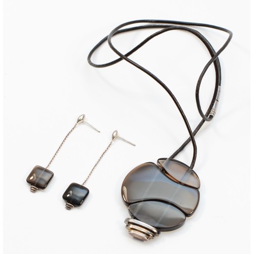 215 - Emporio Armani, a 925 silver and smokey glass pendant and ear ring suite, drop 5cm, cord 60cm.