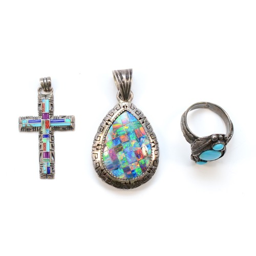 217 - A Mexican 925 silver and opal triplet pendant, 50mm and two other 925 silver pendants, 28gm