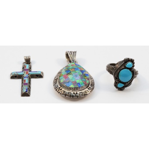 217 - A Mexican 925 silver and opal triplet pendant, 50mm and two other 925 silver pendants, 28gm