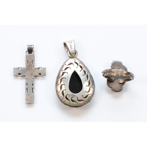 217 - A Mexican 925 silver and opal triplet pendant, 50mm and two other 925 silver pendants, 28gm