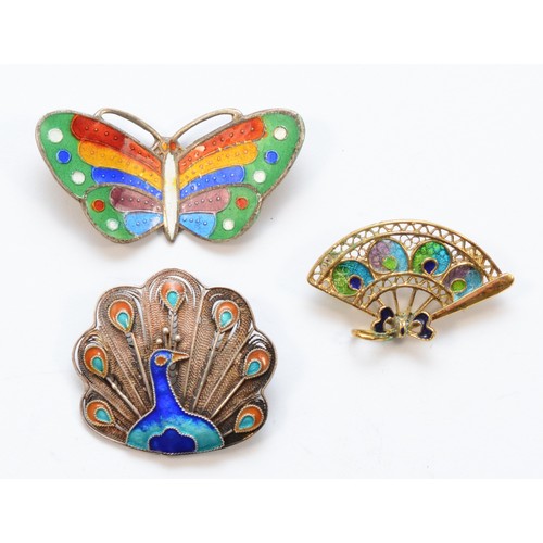 219 - A 925 filigree silver and enamel peacock brooch, 32mm and two other 925 silver and enamel brooches, ... 