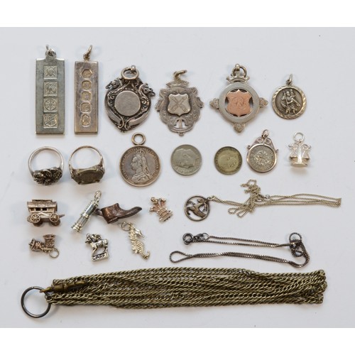 224 - A silver ingot pendant, three silver fobs, other silver jewellery, 102gm and metal jewellery